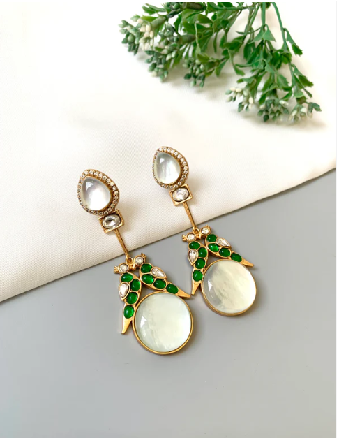 Zariel ivory emerald designer earrings in Victorian gold plating with moissanite kundan and emerald stones