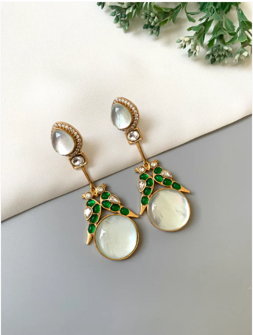 Zariel ivory emerald designer earrings in Victorian gold plating with moissanite kundan and emerald stones