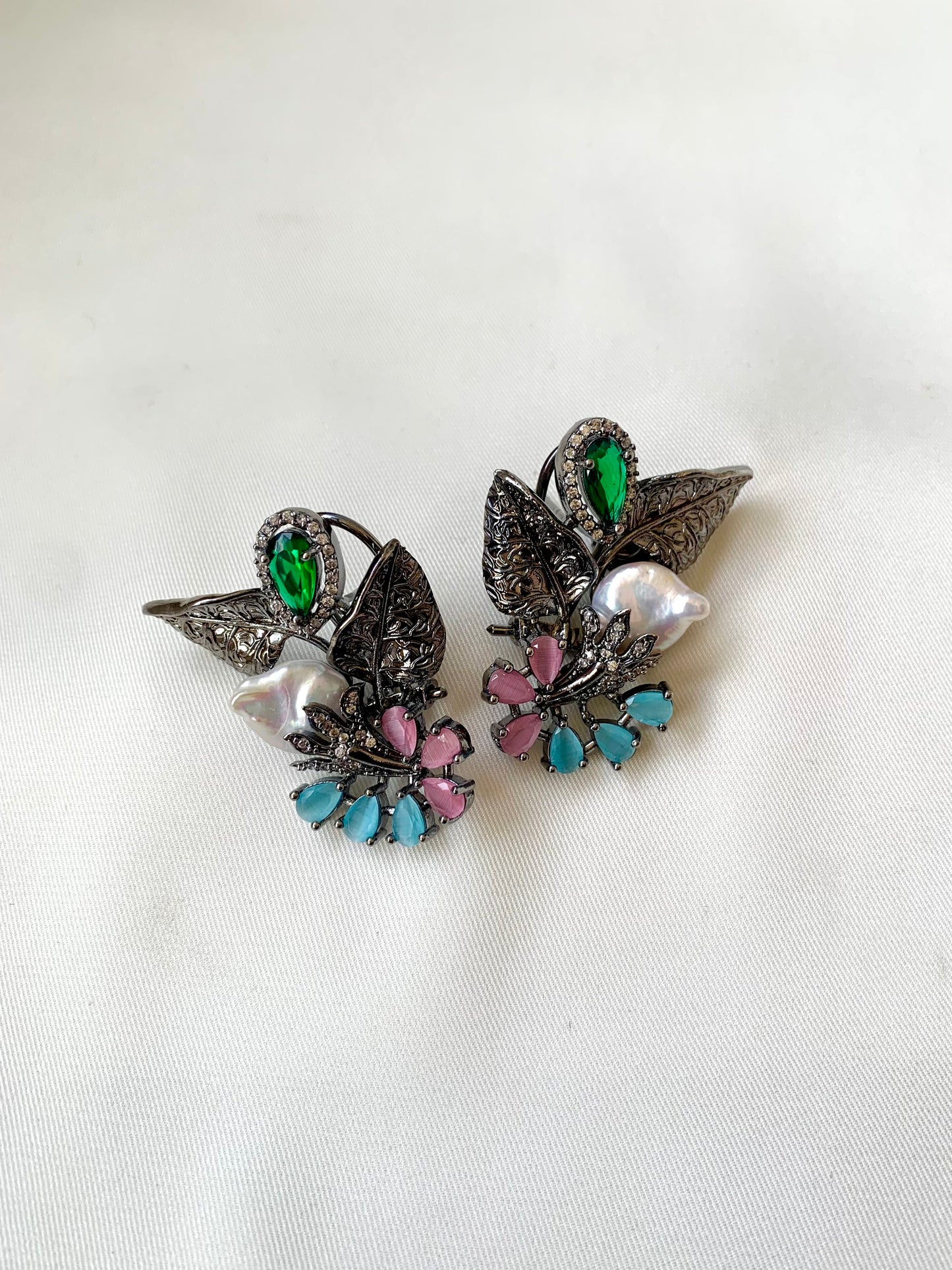 Zarmina handcrafted rhodium oxidized signature earrings with baroque pearls, emerald and onyx