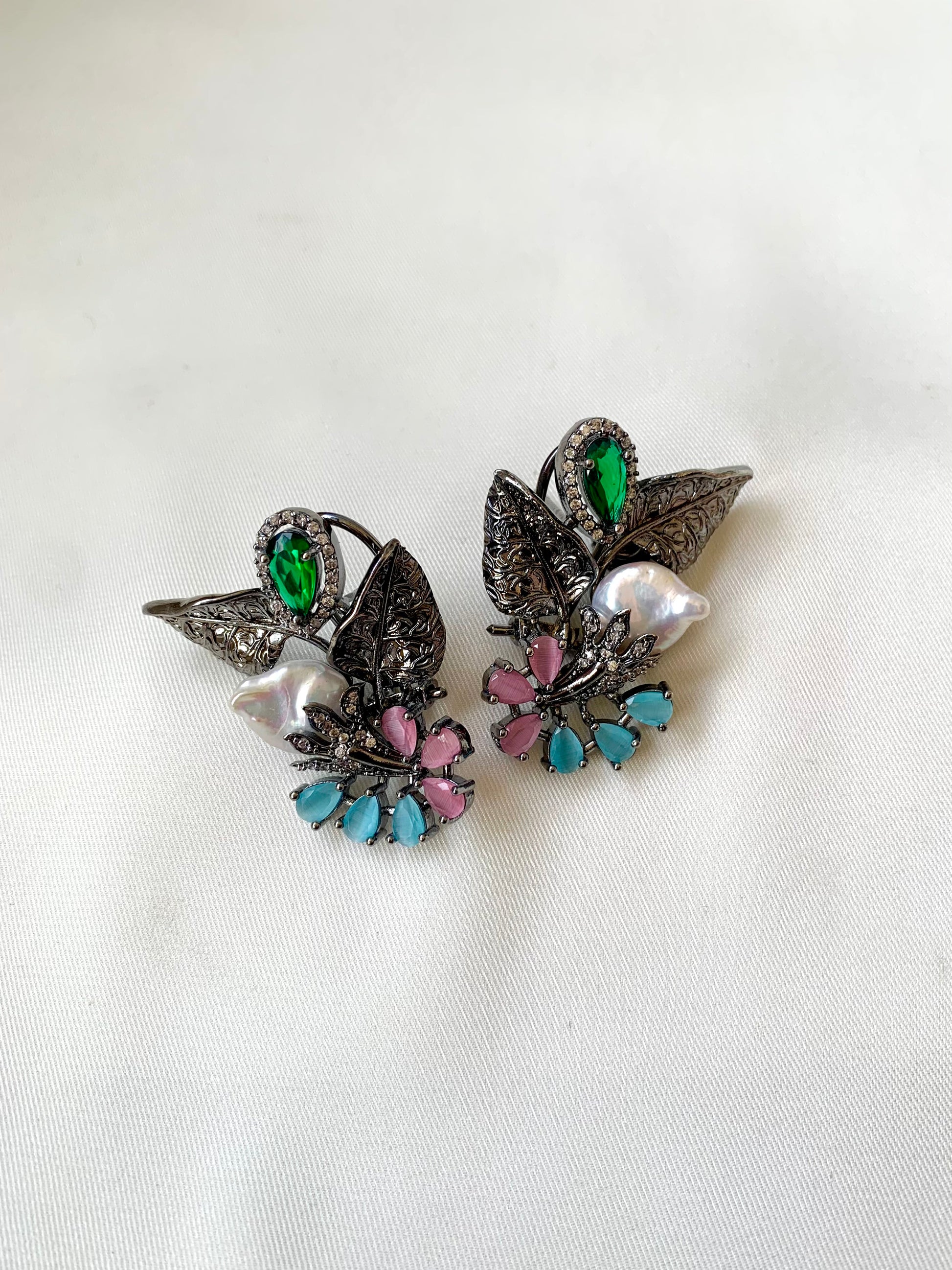 Zarmina handcrafted rhodium oxidized signature earrings with baroque pearls, emerald and onyx