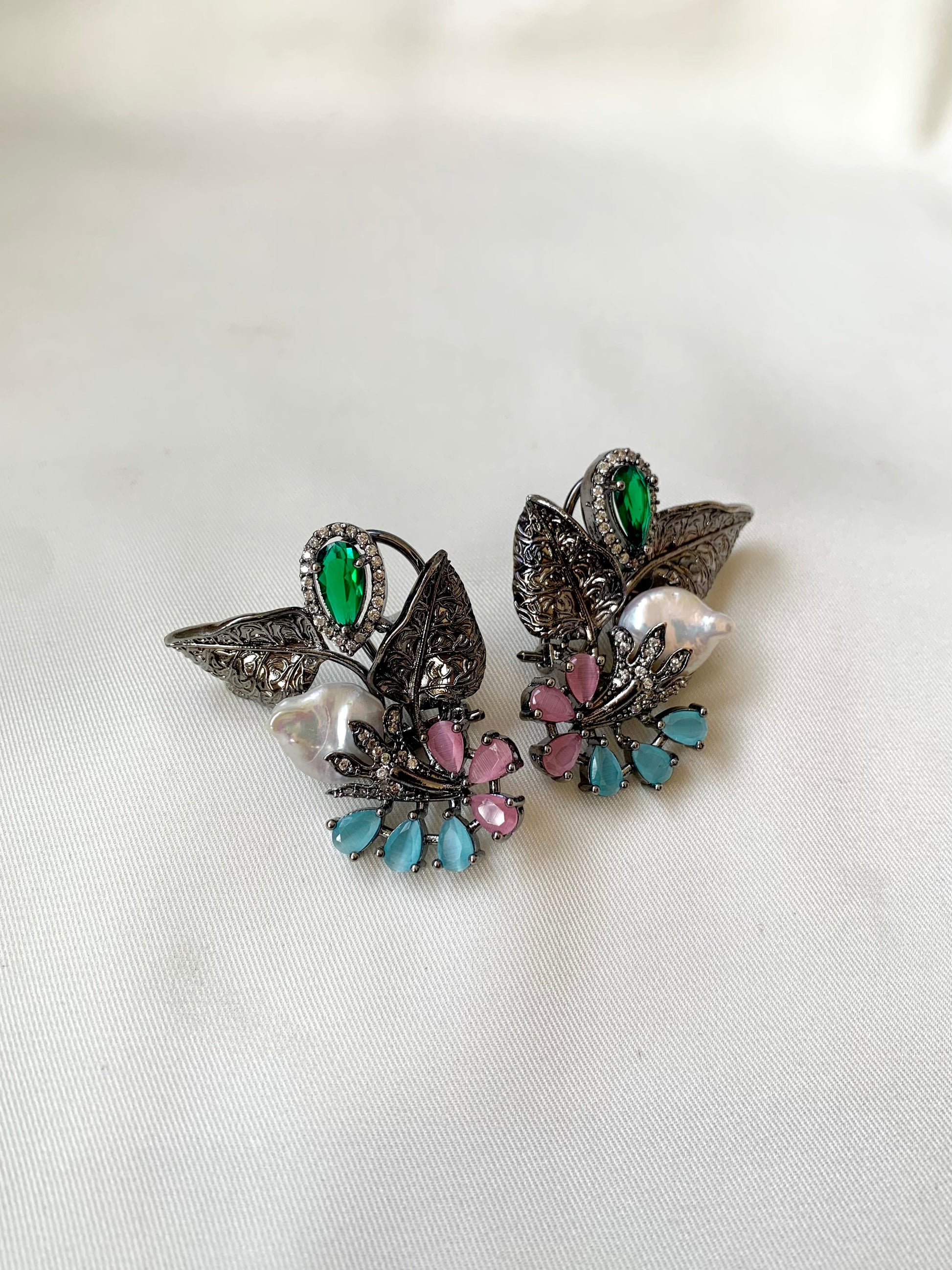 Zarmina handcrafted rhodium oxidized signature earrings with baroque pearls, emerald and onyx