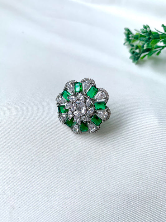 Zayra Bloom Ring in Emerald with American Diamonds and rhodium plating by Zamal Jewels
