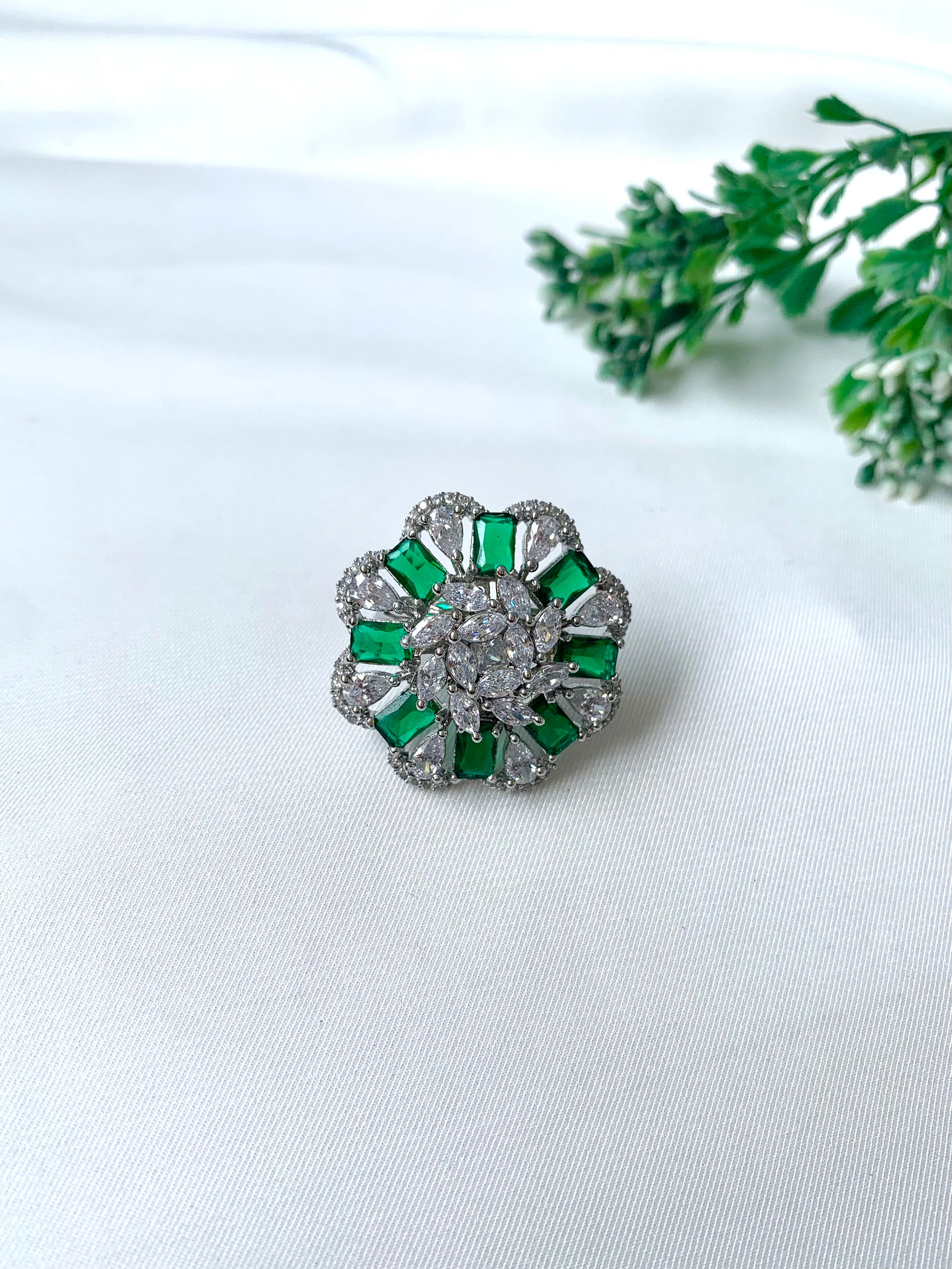 Zayra Bloom Ring in Emerald with American Diamonds and rhodium plating by Zamal Jewels