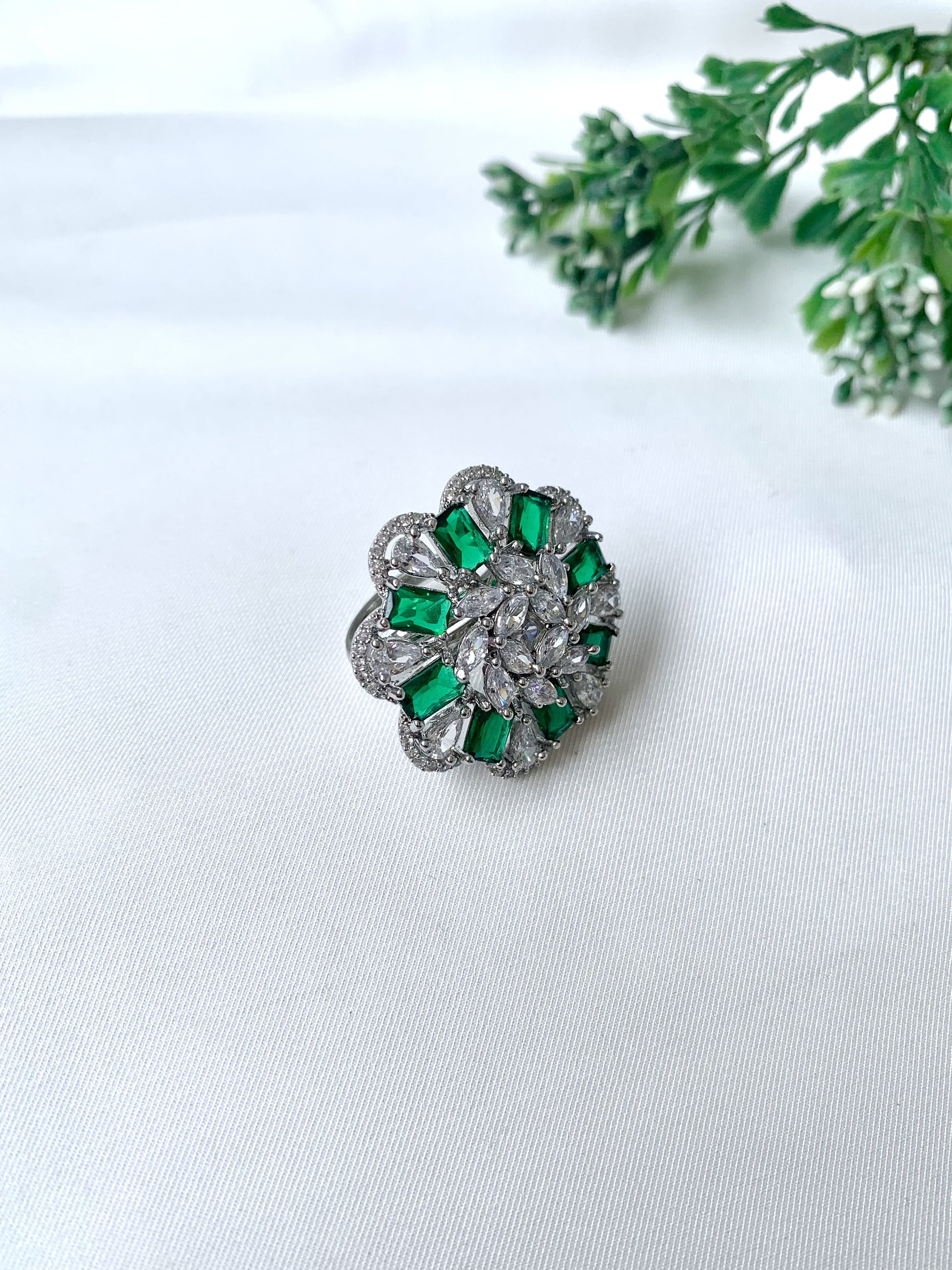 Zayra Bloom Ring in Emerald with American Diamonds and rhodium plating by Zamal Jewels