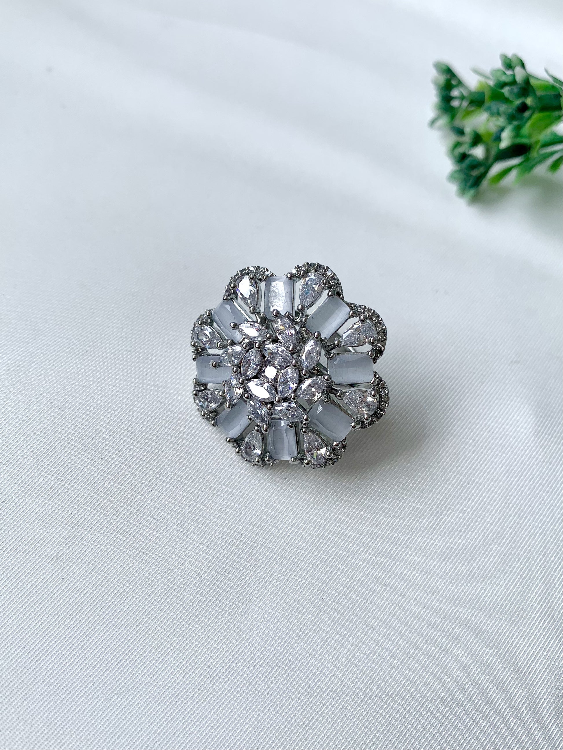 Zayra Bloom Ring in Onyx with American Diamonds and rhodium plating by Zamal Jewels