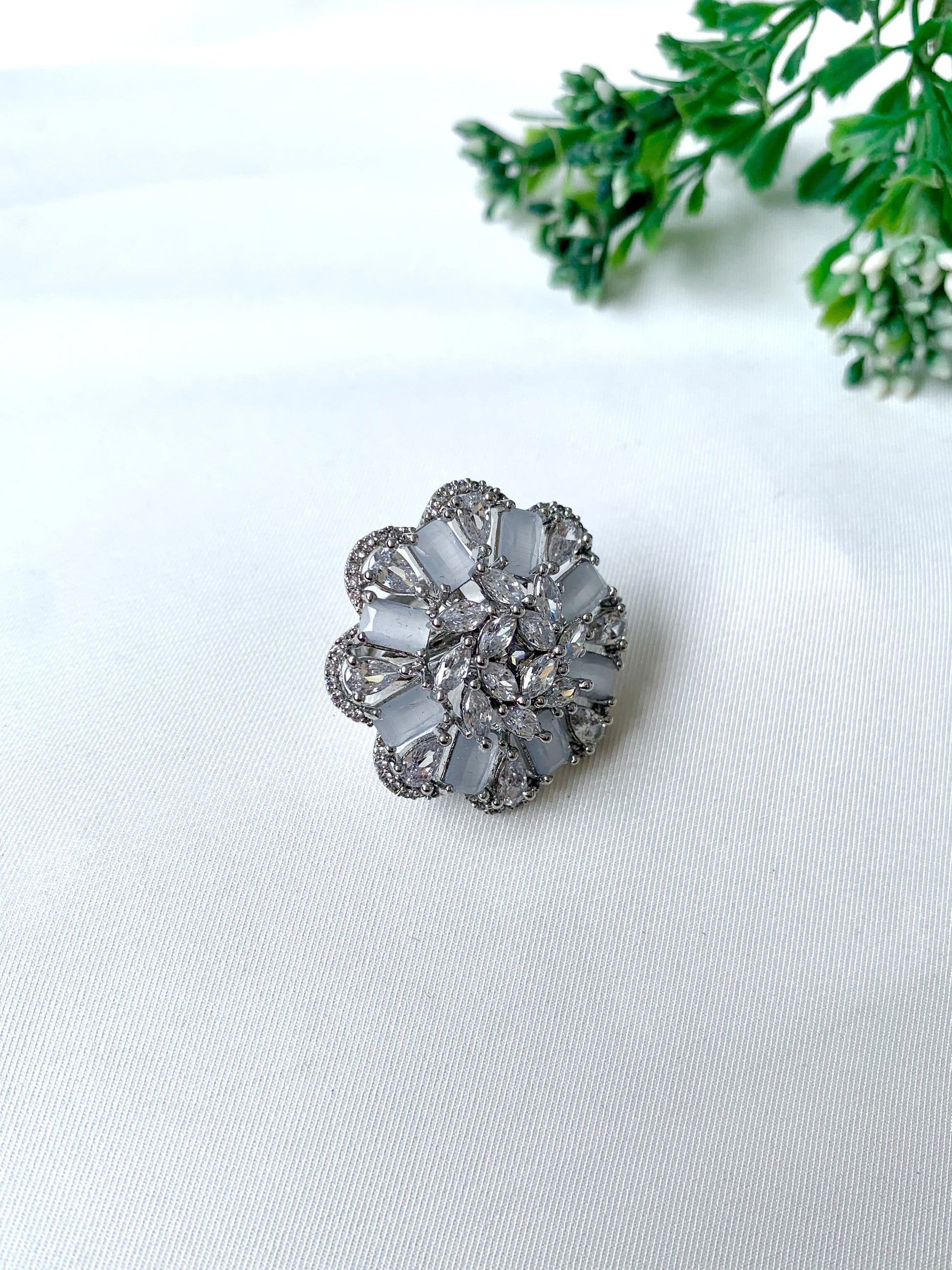 Zayra Bloom Ring in Onyx with American Diamonds and rhodium plating by Zamal Jewels
