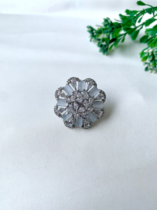 Zayra Bloom Ring in Onyx with American Diamonds and rhodium plating by Zamal Jewels