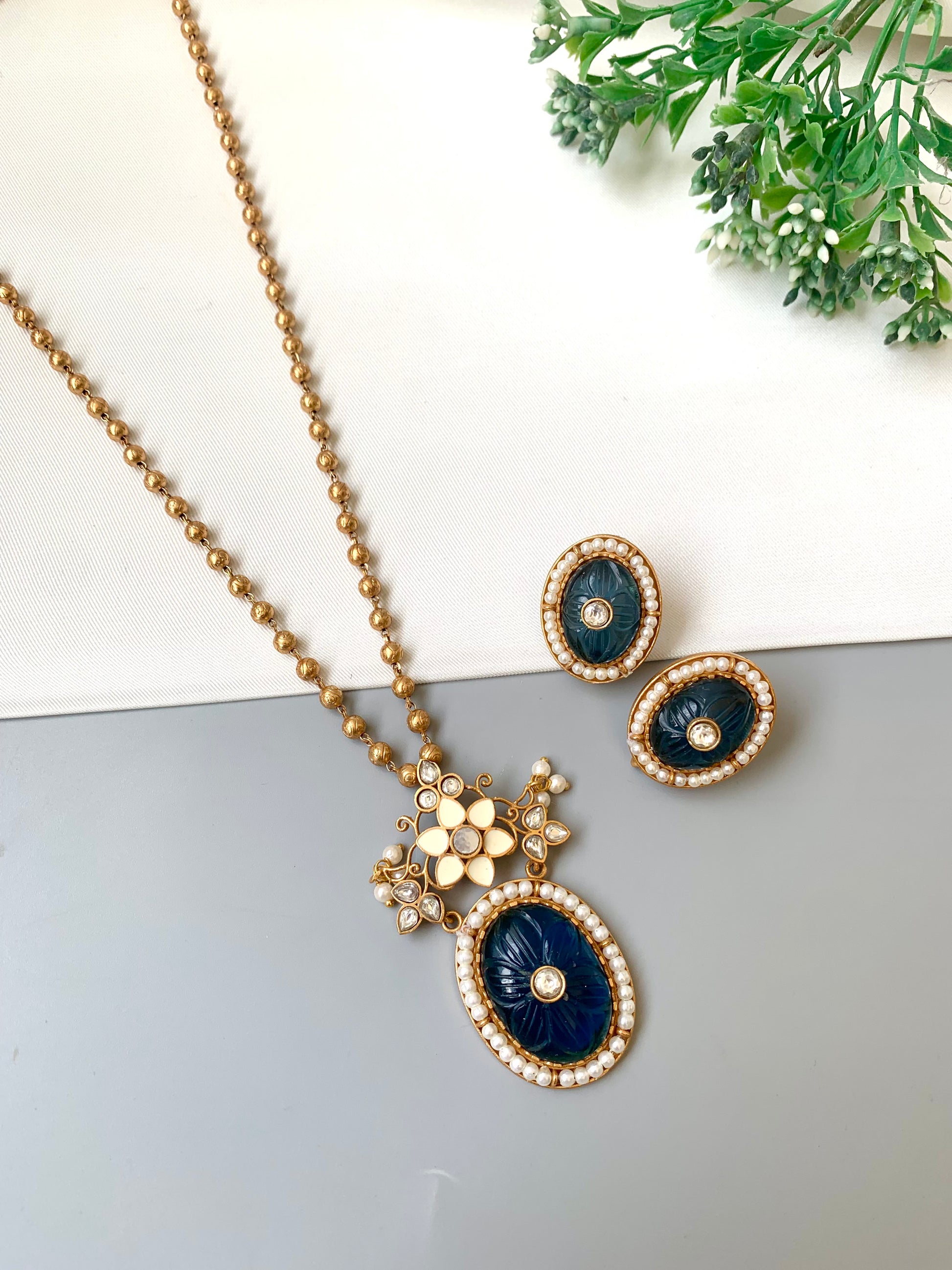 Zayra Victorian gold antique pendant set with hand carved sapphire, moissanite kundan and pearls