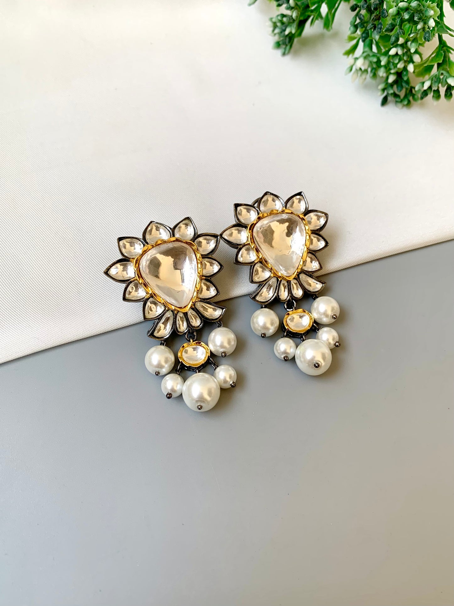 Zeba handcrafted rhodium oxidized earrings with polki kundan and semi-precious pearls