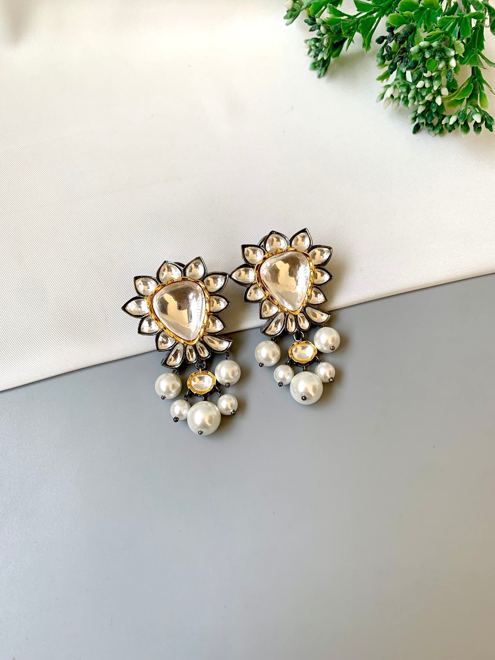 Zeba handcrafted rhodium oxidized earrings with polki kundan and semi-precious pearls