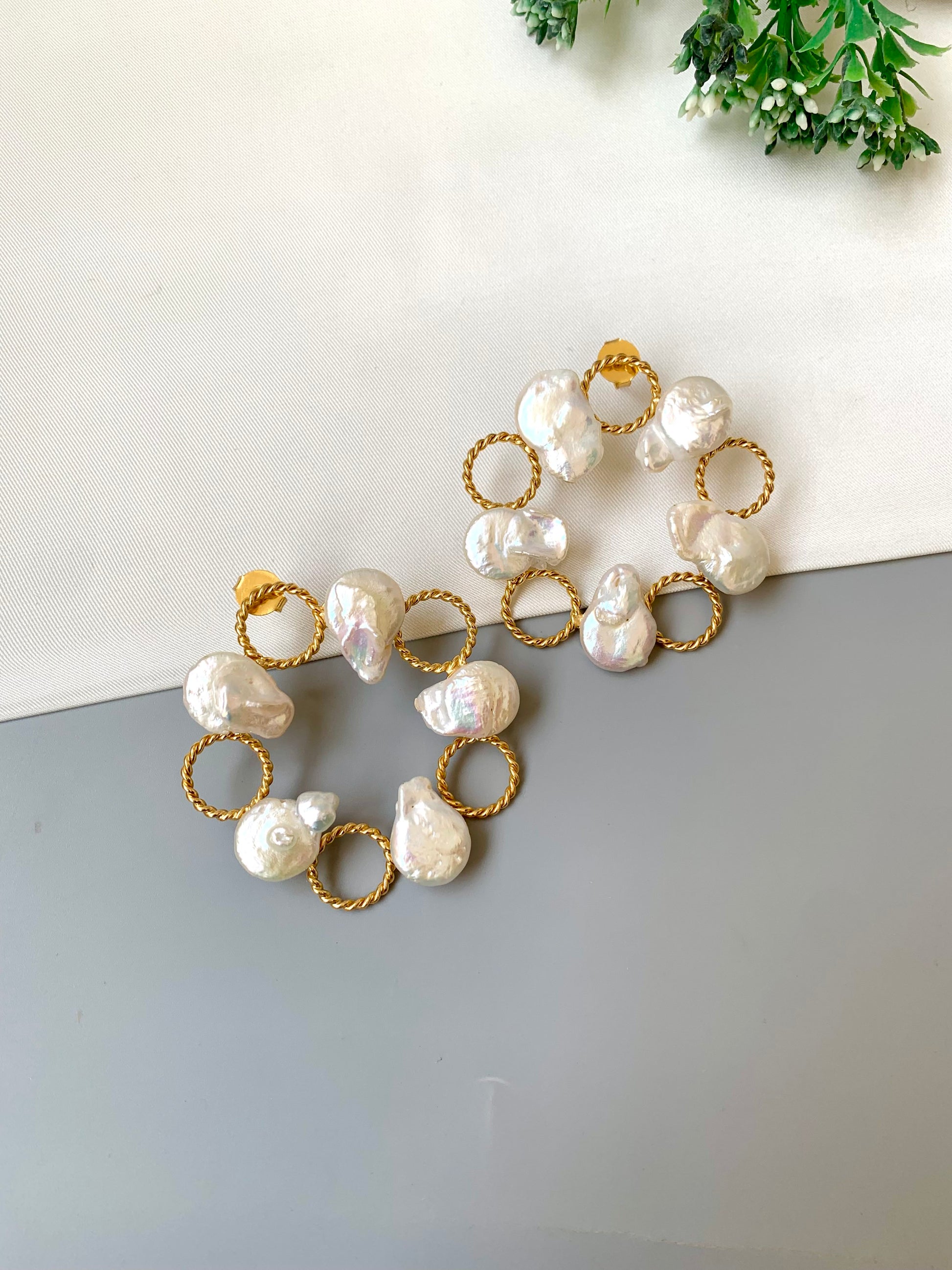 Zeenat oversized 22kt gold plated earrings with real baroque pearls