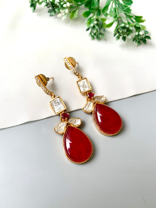 Handcrafted ruby drop earrings with American Diamonds and Moissanite in 22kt Gold Plating by Zamal Jewels