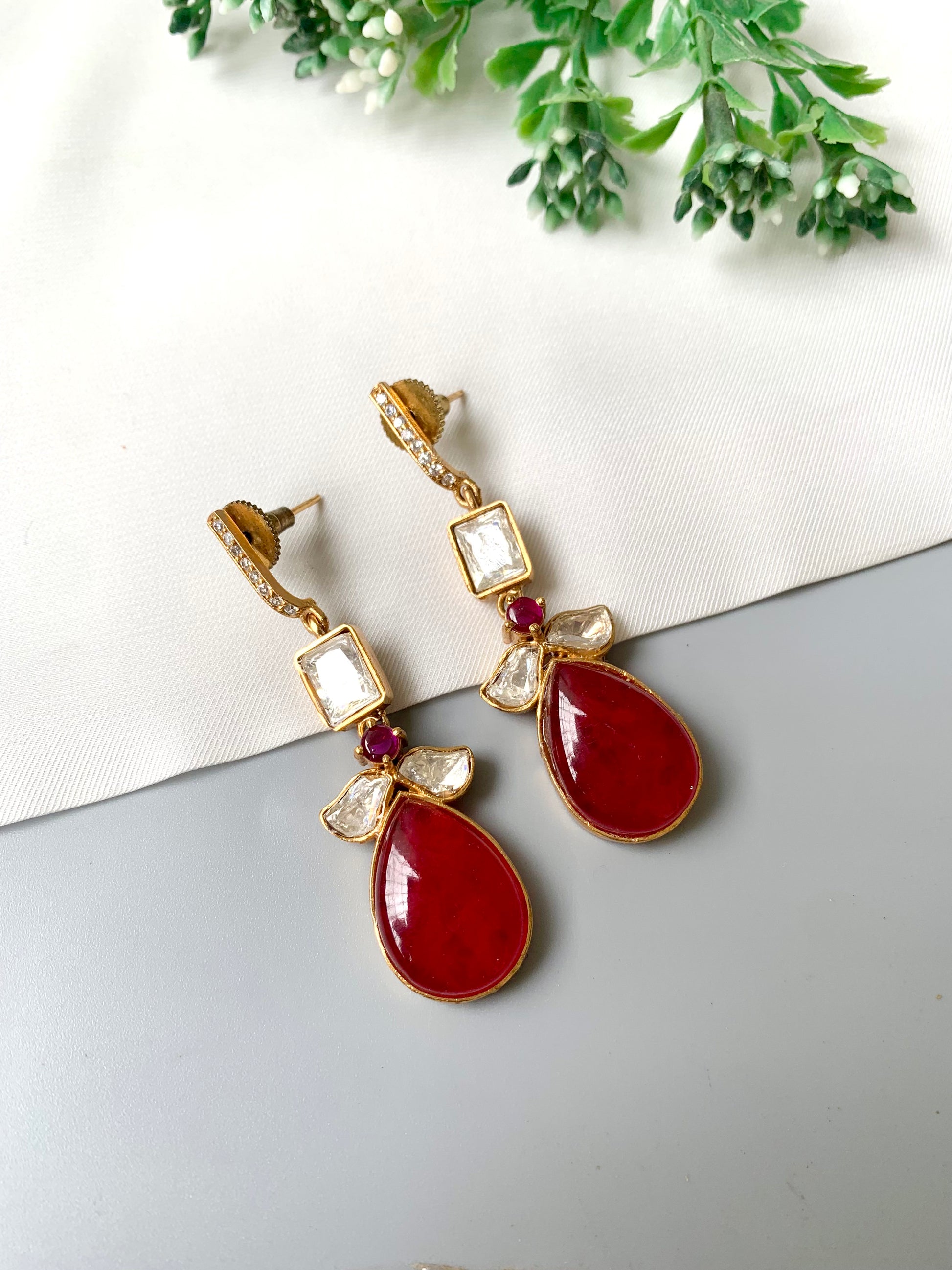 Handcrafted ruby drop earrings with American Diamonds and Moissanite in 22kt Gold Plating by Zamal Jewels