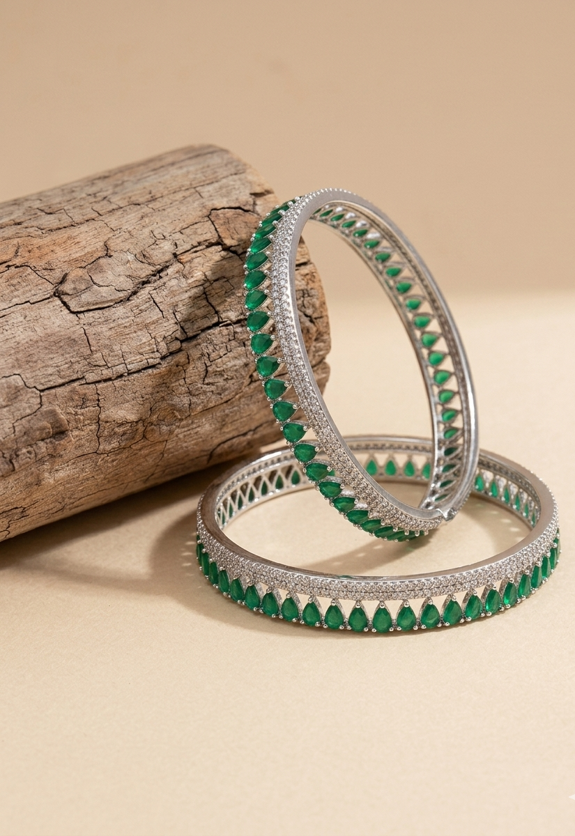 Zerina emerald rhodium plated slide on bangles in platinum finish with American diamonds