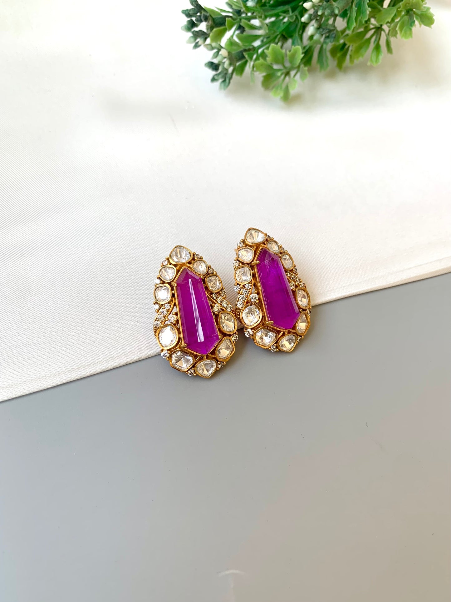 Ziva amethyst statement studs in Victorian gold plating with moissanite kundan and American diamonds