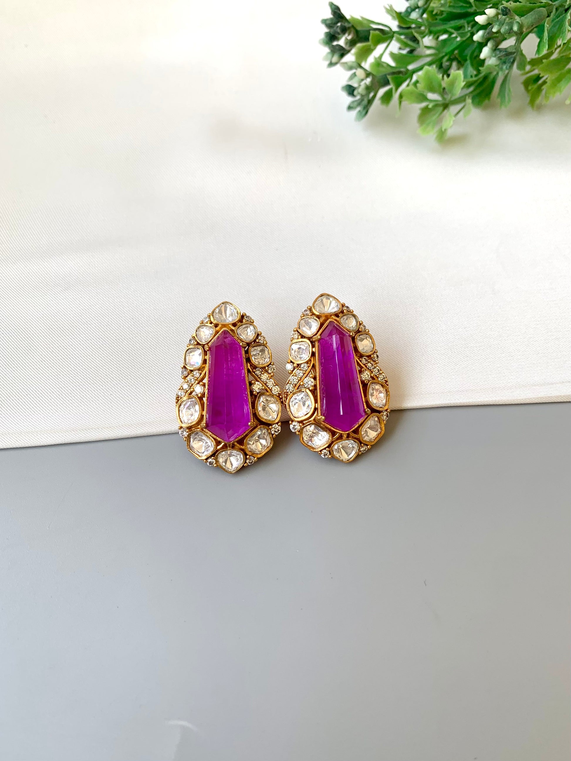 Ziva amethyst statement studs in Victorian gold plating with moissanite kundan and American diamonds