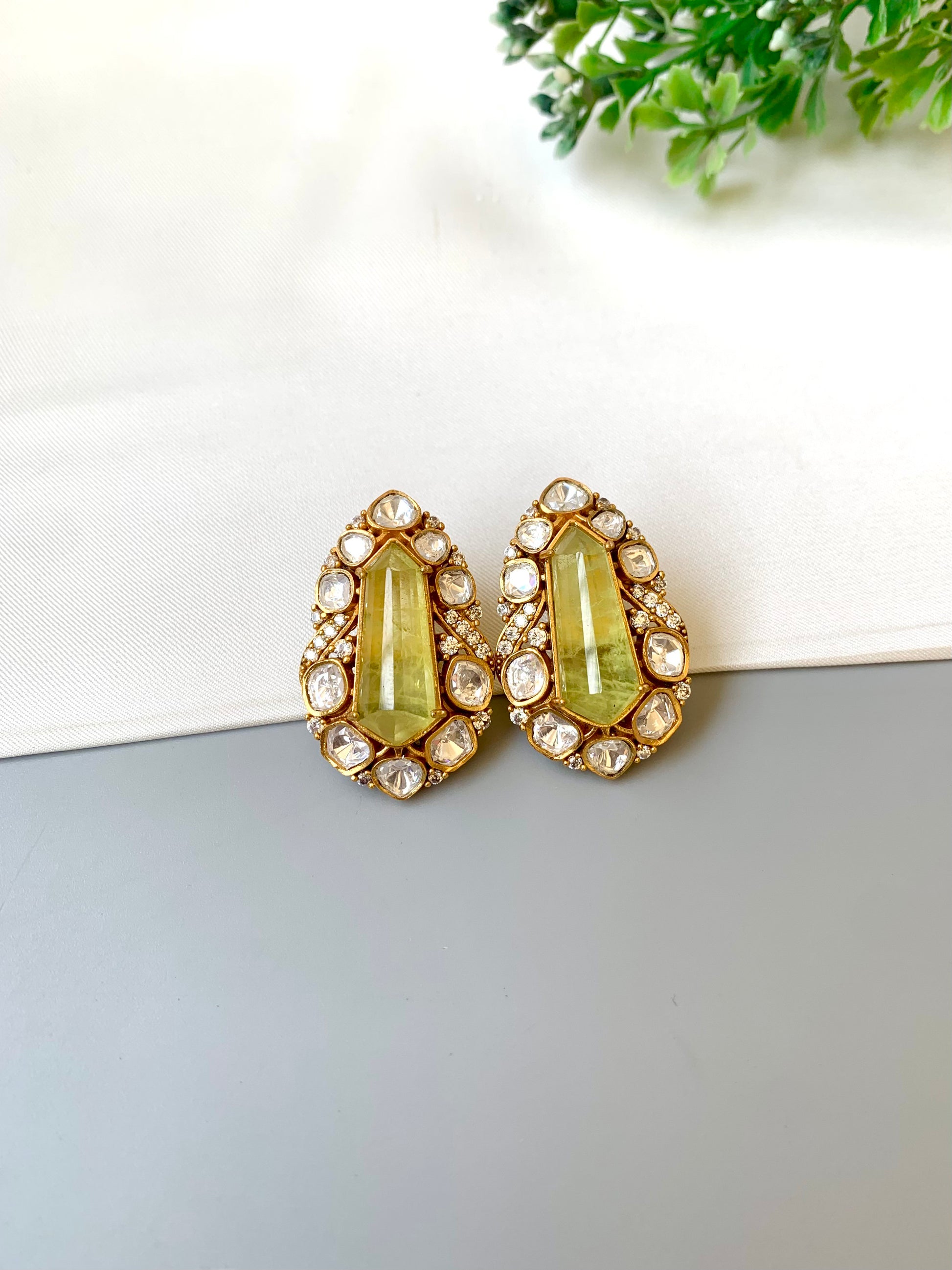 Ziva citrine statement studs in Victorian gold plating with moissanite kundan and American diamonds