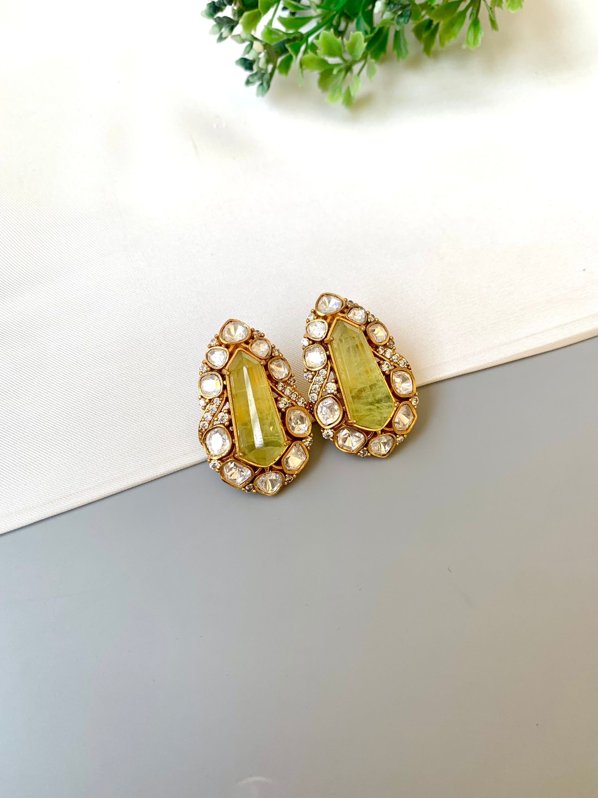 Ziva citrine statement studs in Victorian gold plating with moissanite kundan and American diamonds