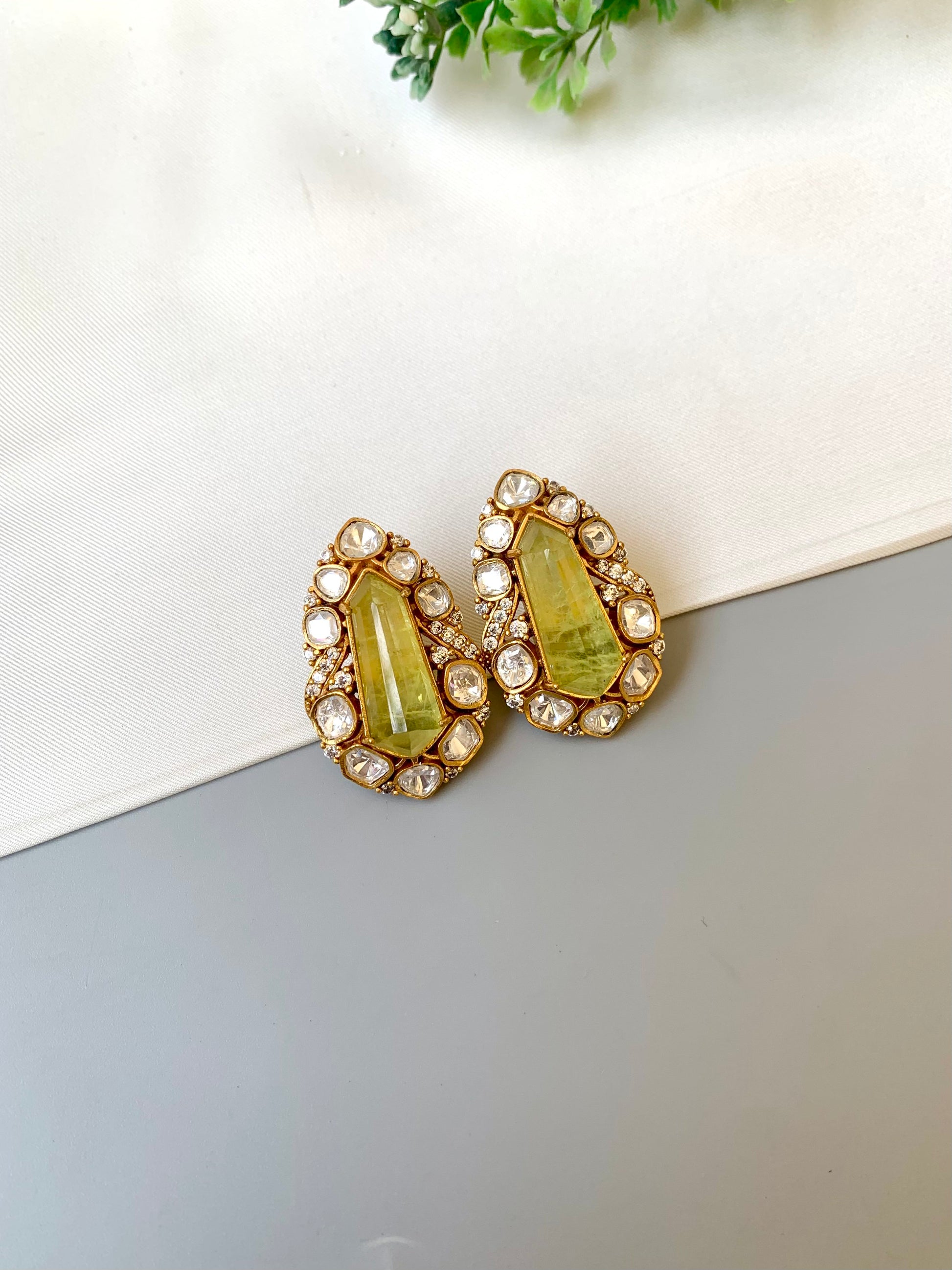Ziva citrine statement studs in Victorian gold plating with moissanite kundan and American diamonds