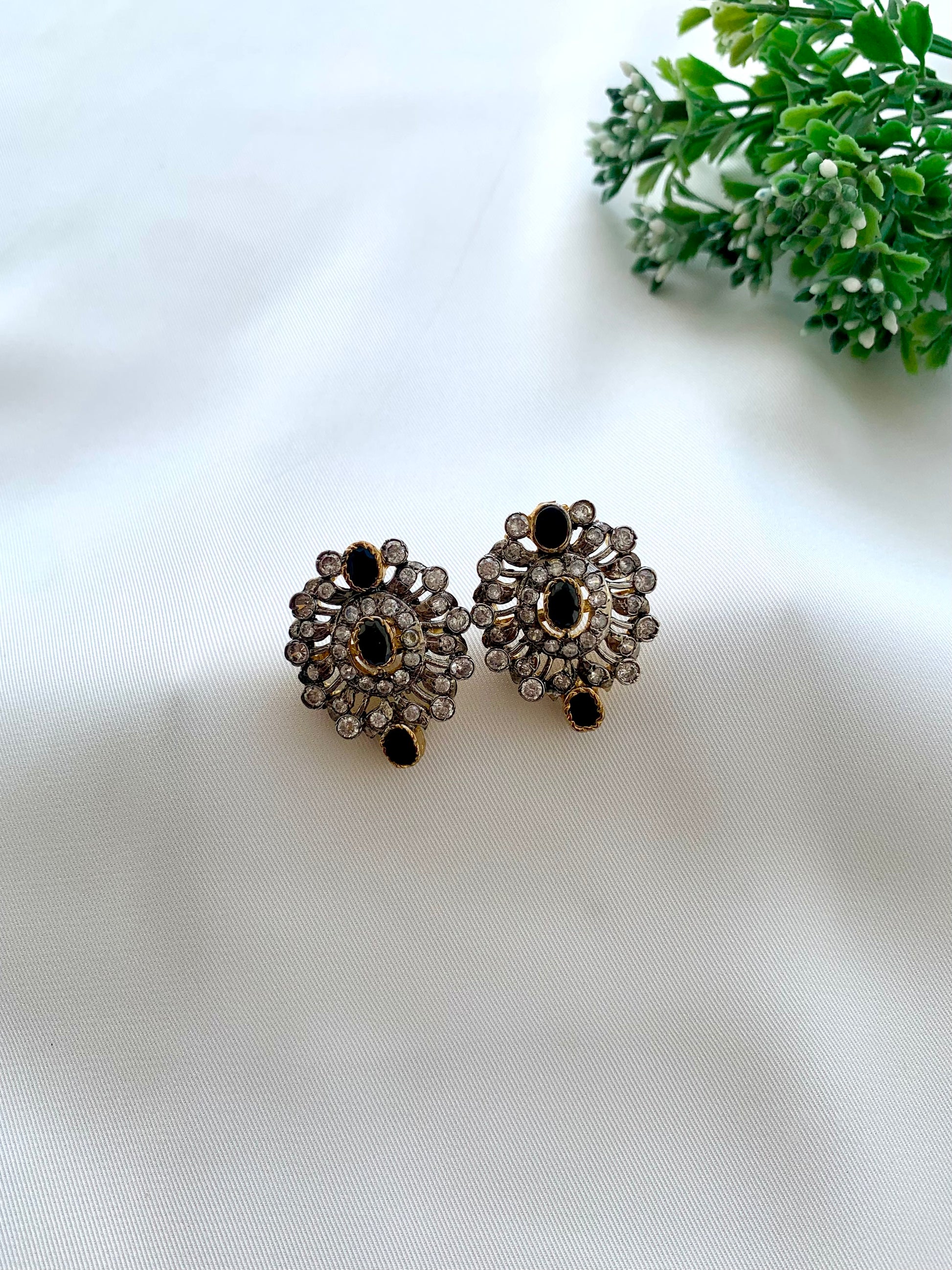 Zoiga rhodium plated antique victorian studs with American diamonds and onyx accents