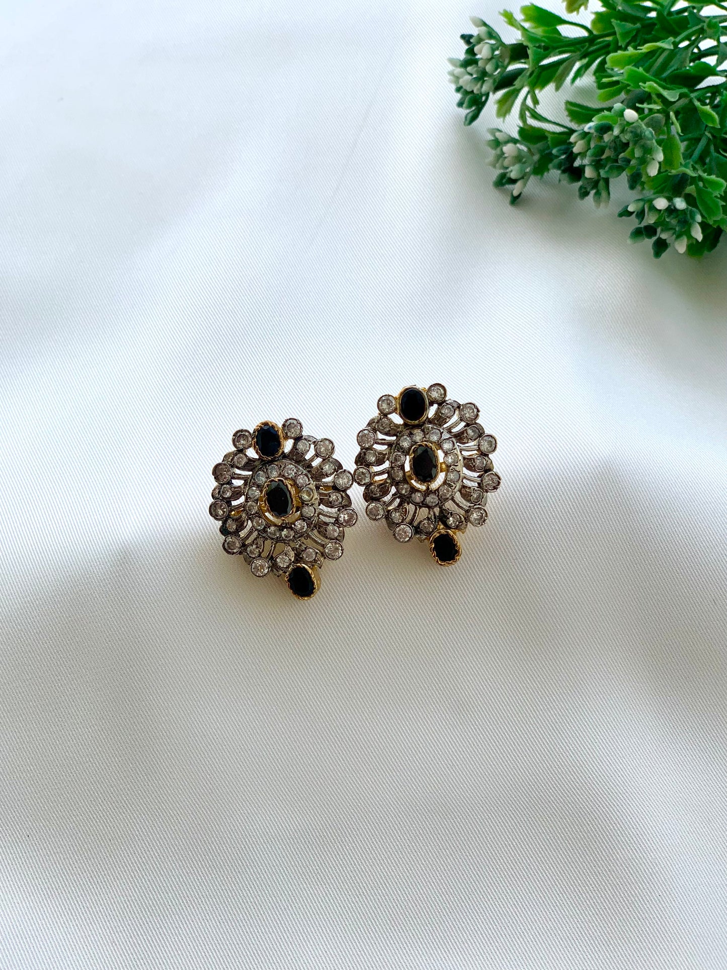 Zoiga rhodium plated antique victorian studs with American diamonds and onyx accents
