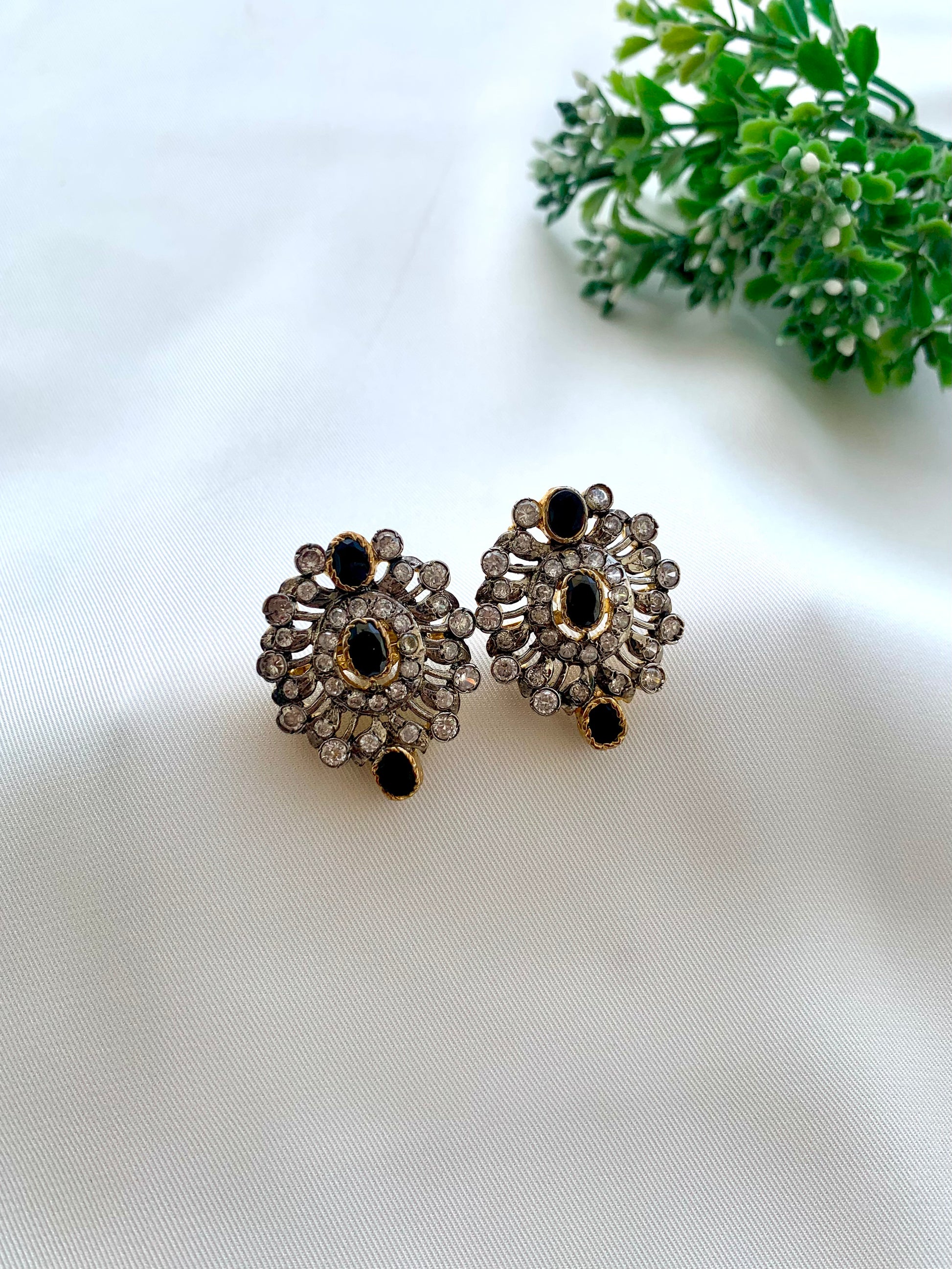 Zoiga rhodium plated antique victorian studs with American diamonds and onyx accents