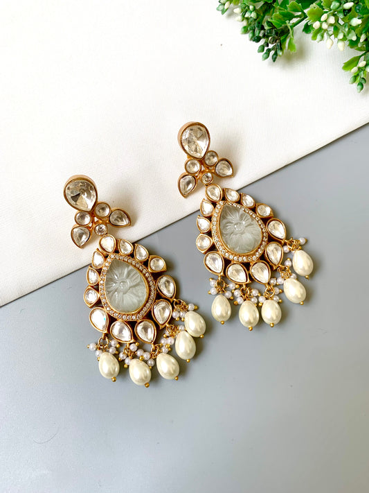Zoya Signature Danglers with hand-carved ivory center, surrounded by Moissanite Kundan and gold plated detailing