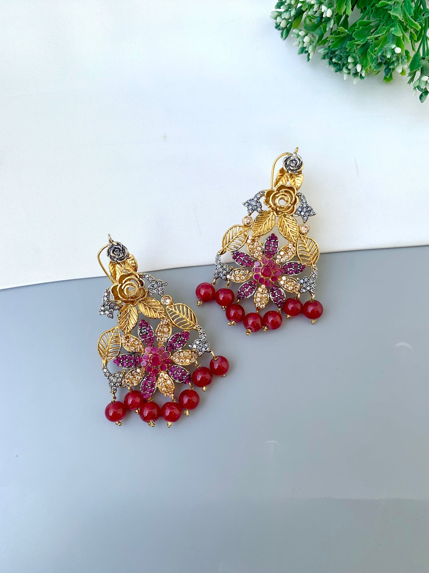 Zulehka ruby  earrings in gold plating with American diamonds